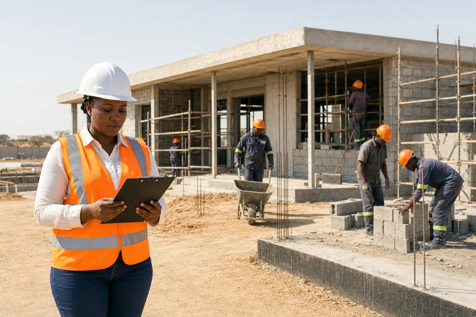 Bricklayers constructing a concrete-framed building while a supervisor checks progress