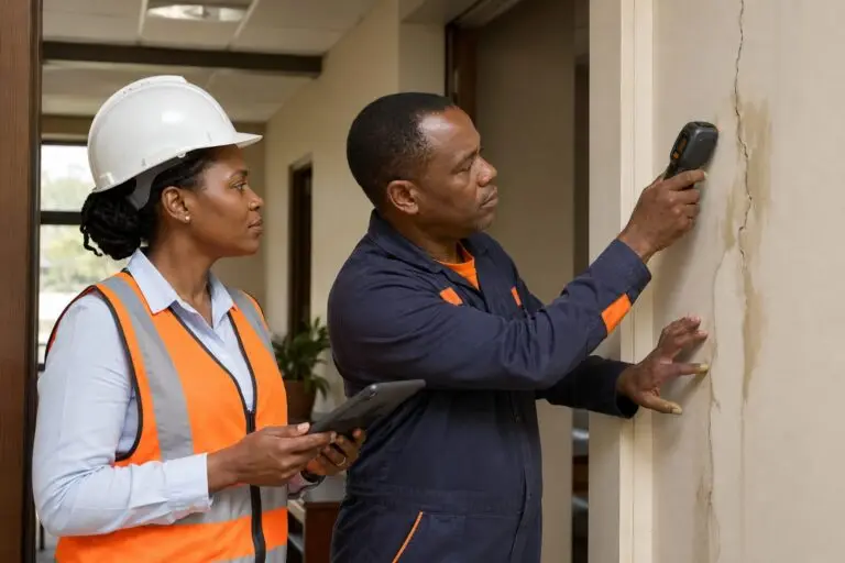 Inspectors assessing a cracked internal wall with a moisture meter