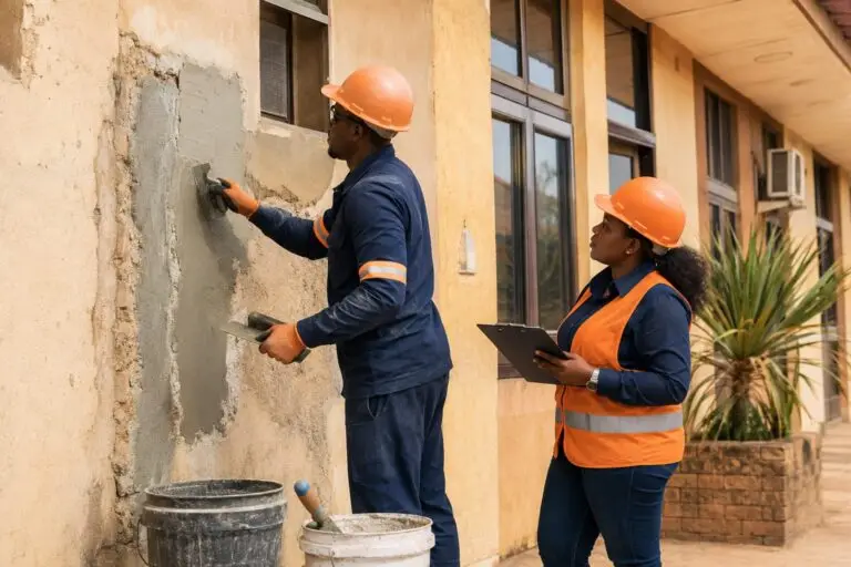 Tradesman applying plaster during external wall remediation