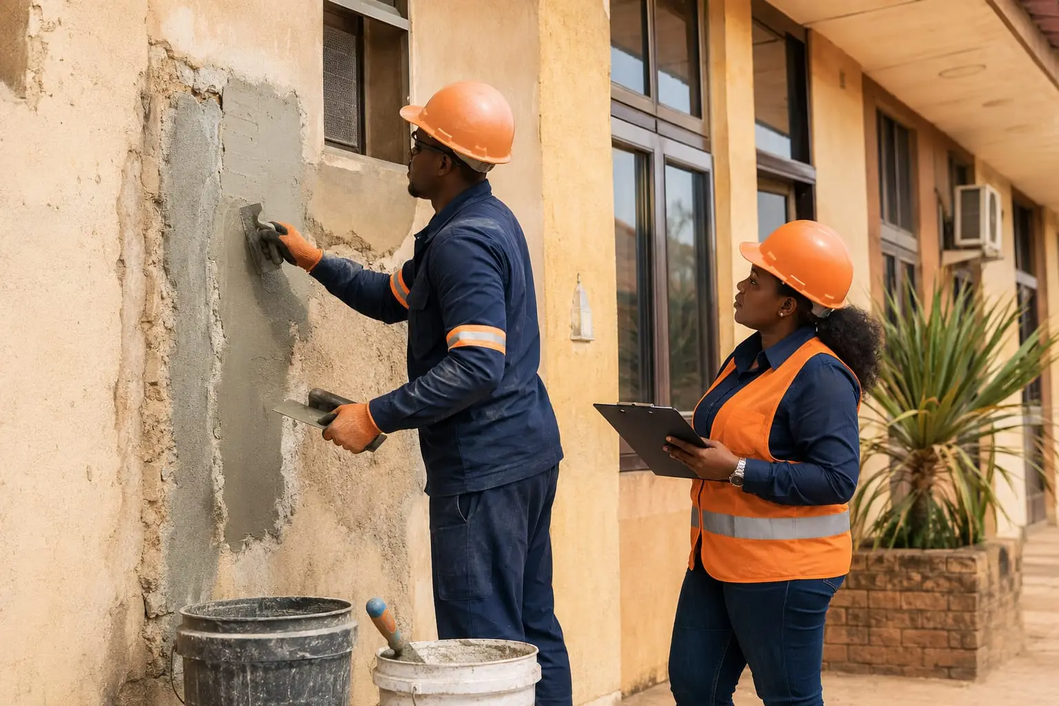Tradesman applying plaster during external wall remediation