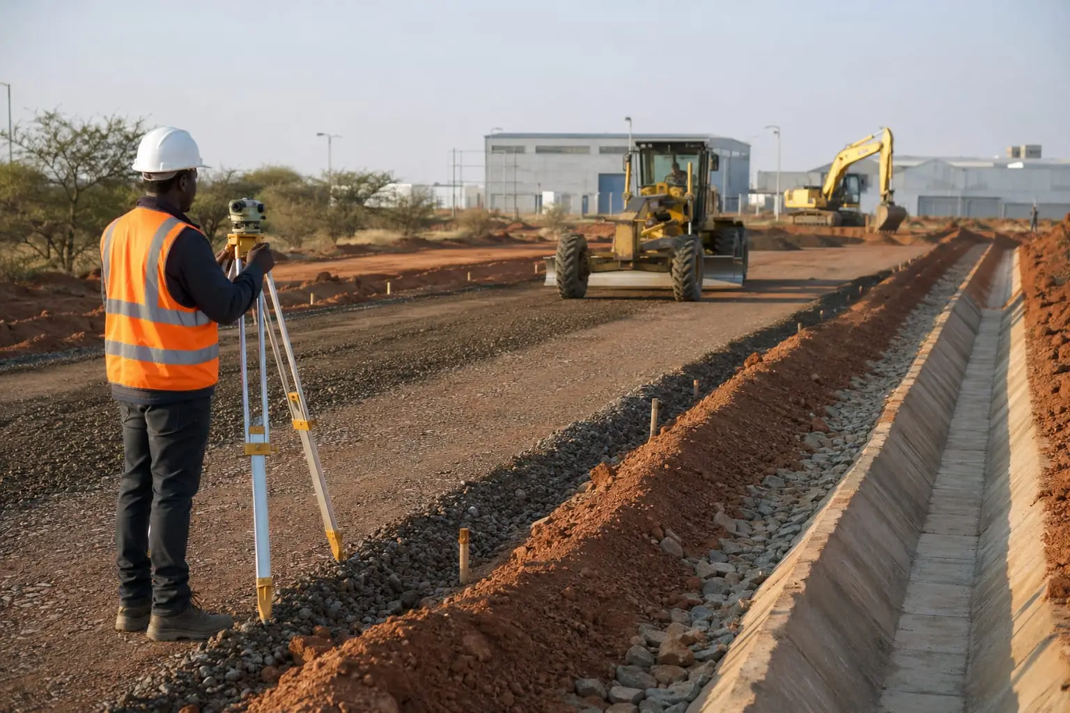 Surveyor taking levels beside a motor grader on a road and drainage site