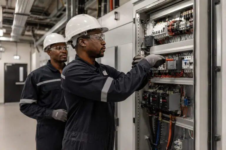Electricians in protective equipment working inside a low-voltage distribution panel