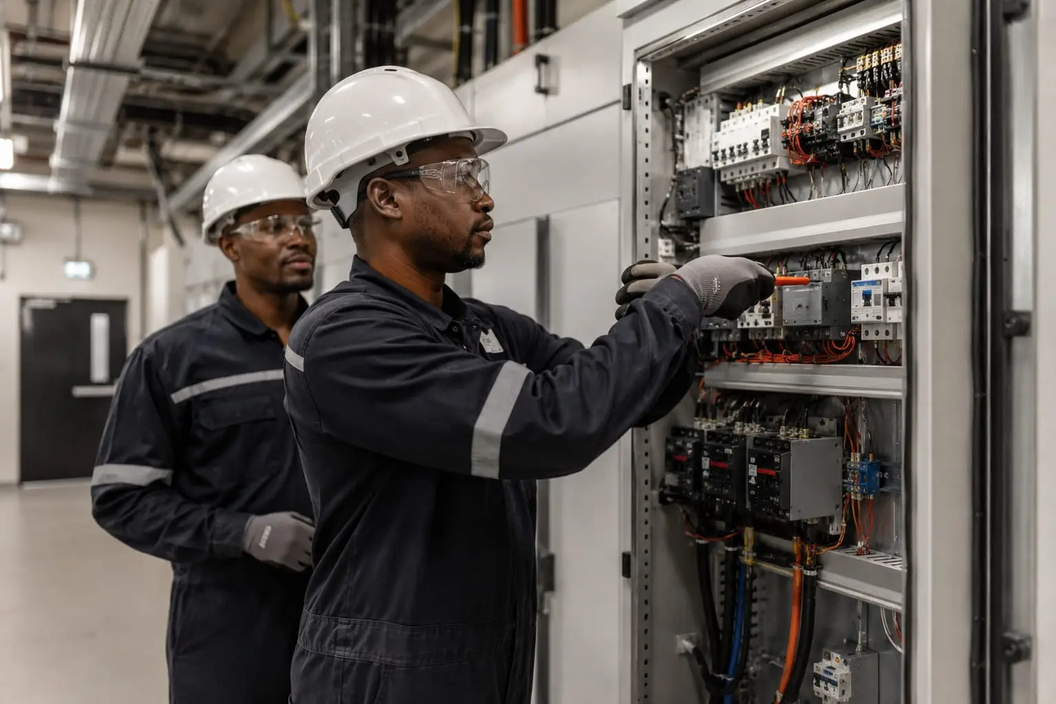 Electricians in protective equipment working inside a low-voltage distribution panel