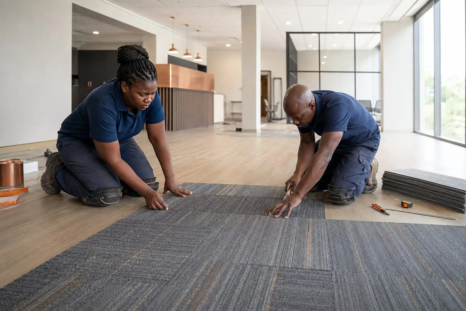 Carpet tiles being laid in a newly fitted-out open-plan office