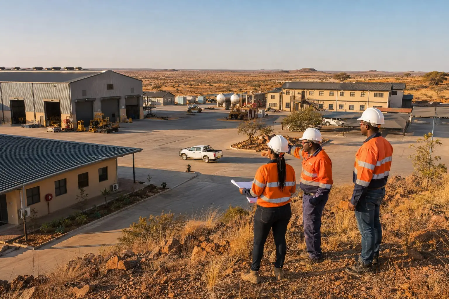 Mine site with workshops, offices and storage facilities at sunrise