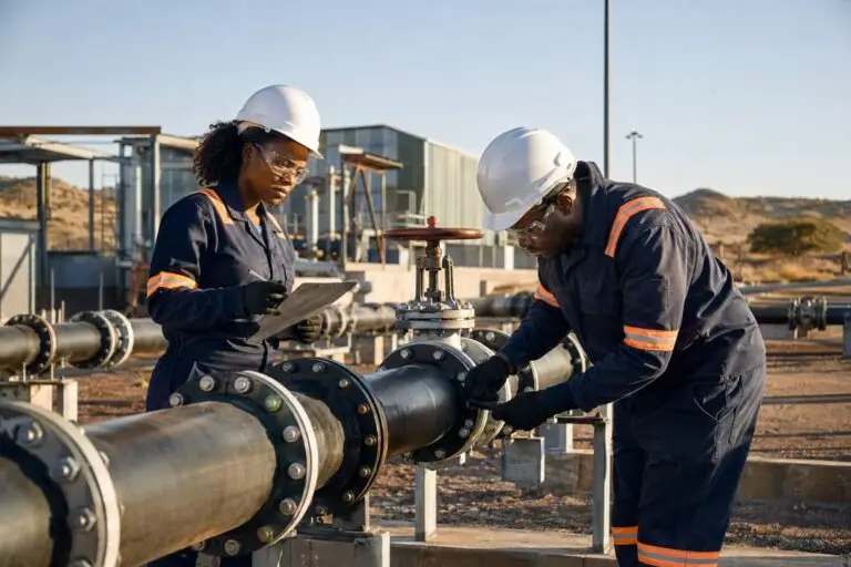 Technicians inspecting a flanged valve on a high-pressure steel pipeline
