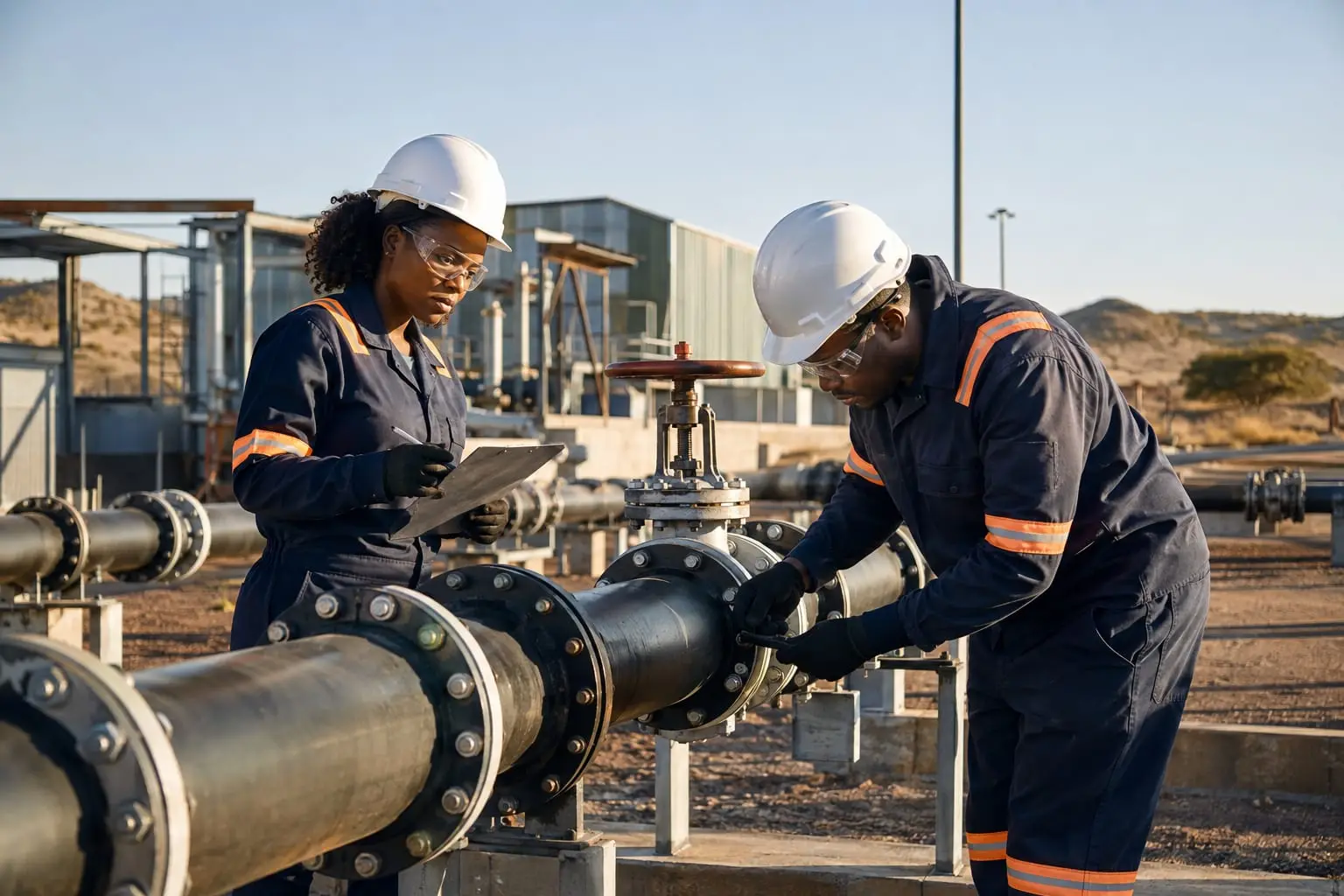 Technicians inspecting a flanged valve on a high-pressure steel pipeline