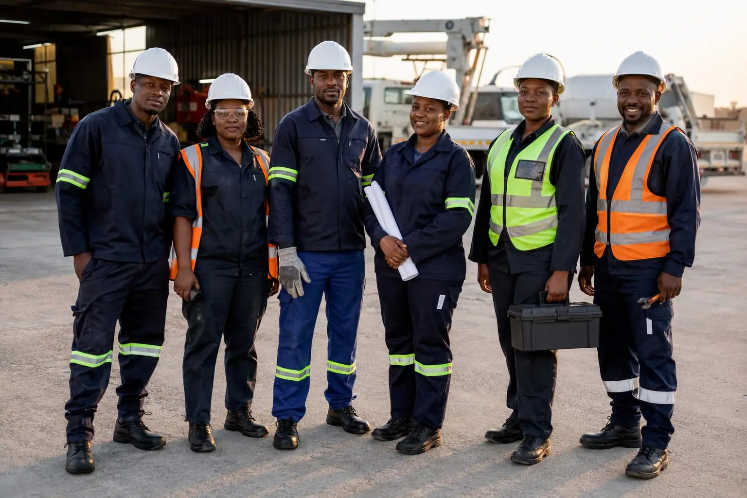 Construction and maintenance crew in workwear and protective equipment at a depot