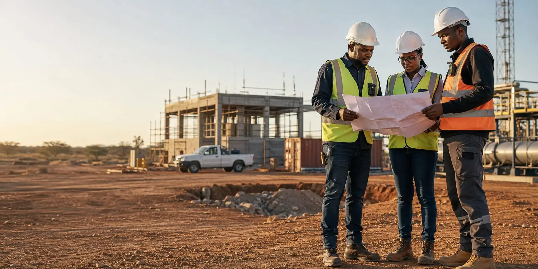 Construction team reviewing drawings on a building site at sunset